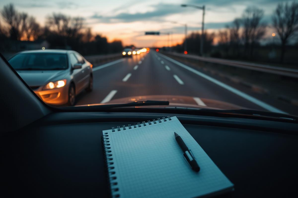 A notebook and pen on a car dashboard at dusk with another vehicle ahead