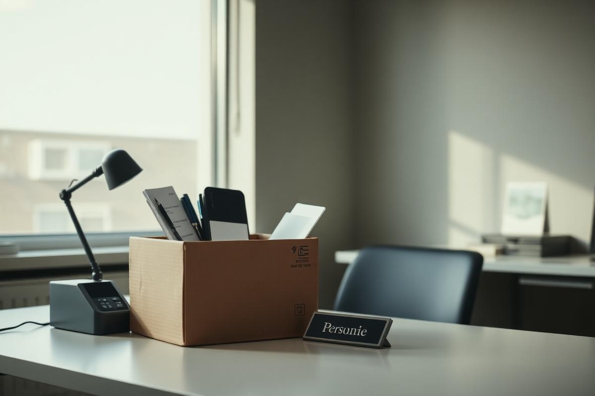 A cardboard box of personal items and a name plate on an empty office desk