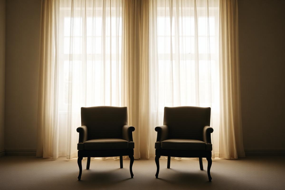 Two empty chairs facing each other in a quiet sunlit room with sheer curtains