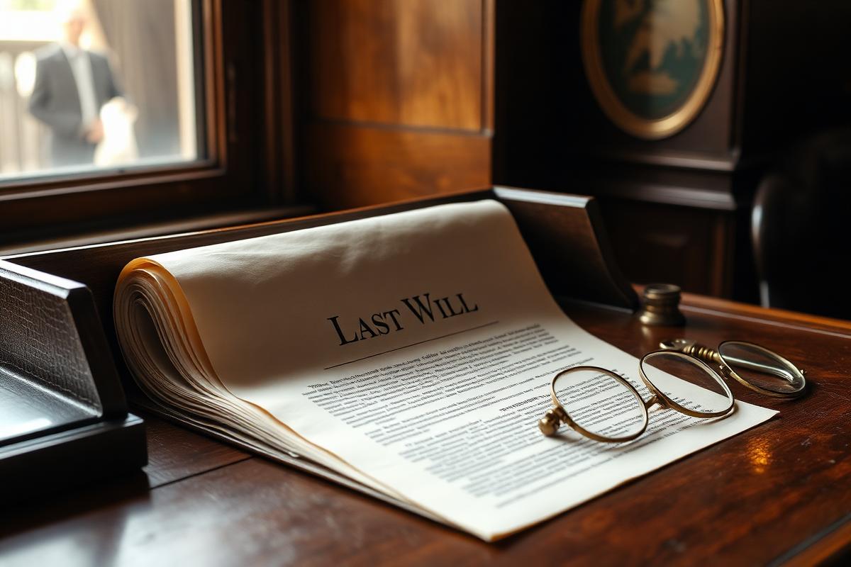 A last will document with reading glasses on an antique writing desk