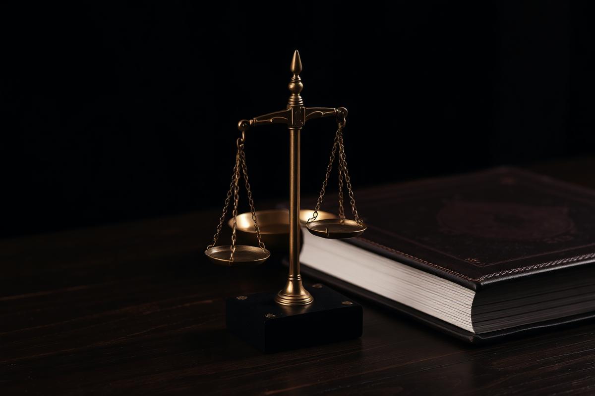 Brass scales of justice beside a closed leather book on a dark wood desk